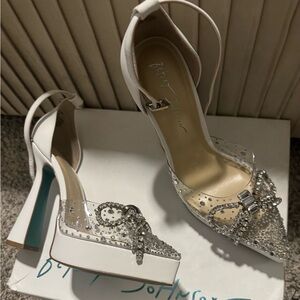 Betsey Johnson White and Silver Crystal Heels